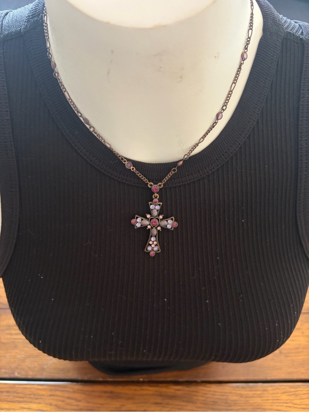 VTG Lia Sophia Debonair Purple Crystal Cross Necklace 1928 Co Extension Chain